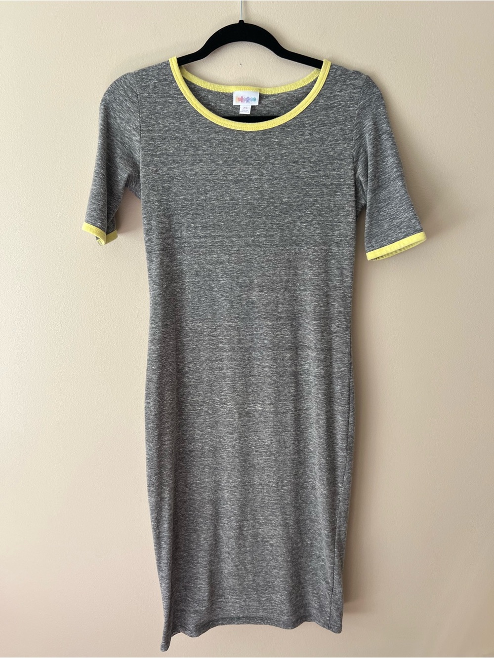 LulaRoe Julia Gray Knit Midi Dress with Yellow Trim